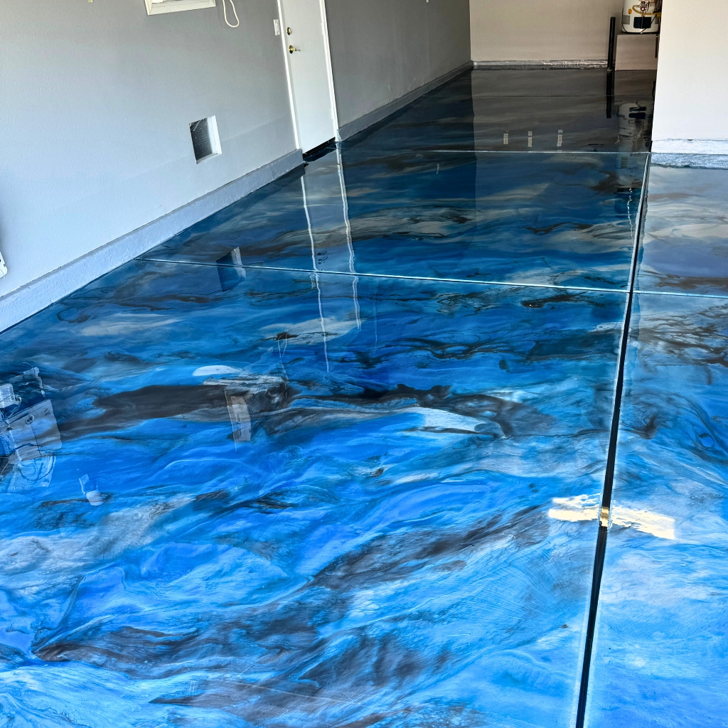 High-gloss blue metallic epoxy floor
